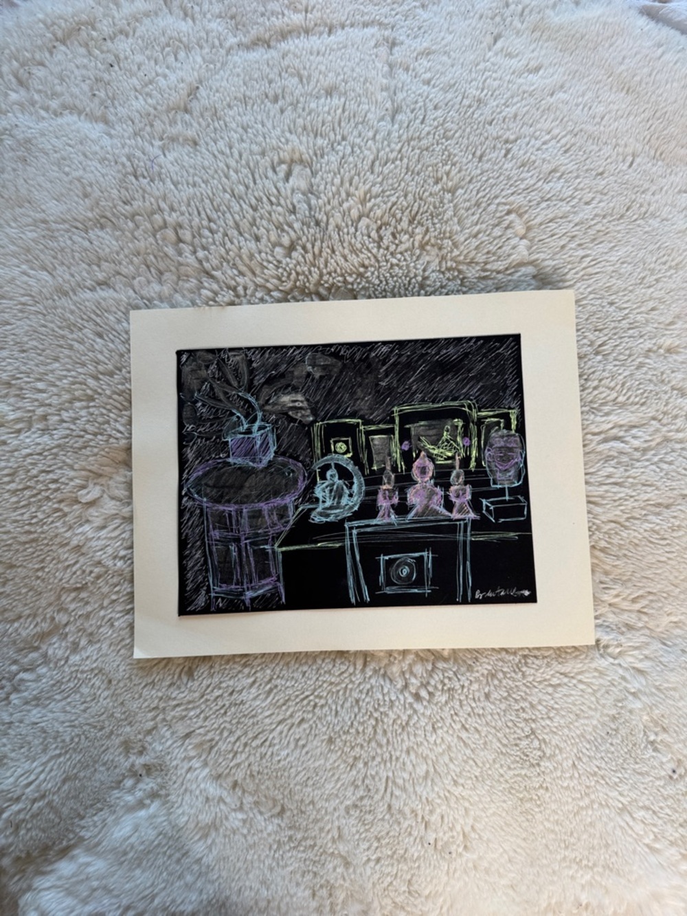 HANDCRAFTED ink sketch on black paper Abstract Black and White Art Print NWT